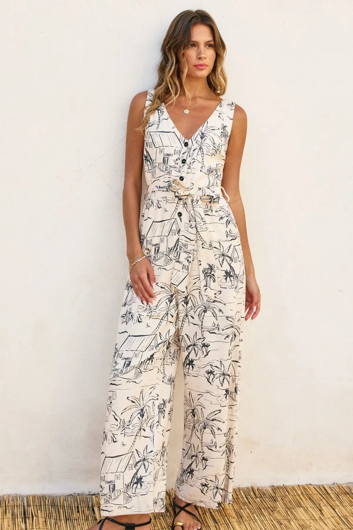 Printed sleeveless jumpsuit from Shop Daisy, ideal for women’s boho chic clothing