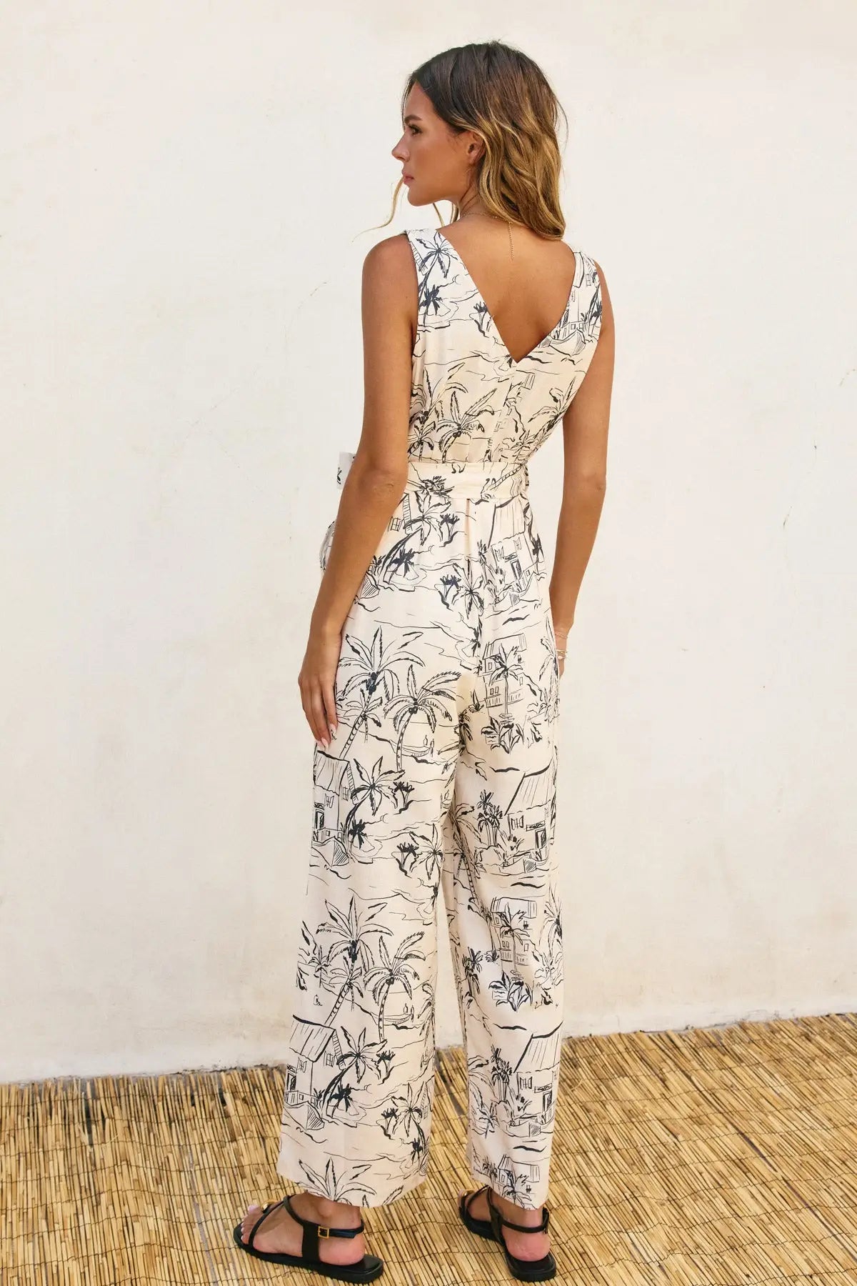 Printed sleeveless jumpsuit from BUTTON DOWN BELTED JUMPSUIT in women’s boho chic clothing