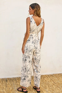 Printed sleeveless jumpsuit from BUTTON DOWN BELTED JUMPSUIT in women’s boho chic clothing