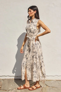 Printed sleeveless midi dress featured in the stylish Sleeveless Shirt Dress collection