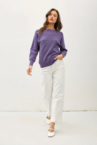 Purple Boat Neck Dolman Sleeve Ribbed Sweater with Long Sleeves for Women