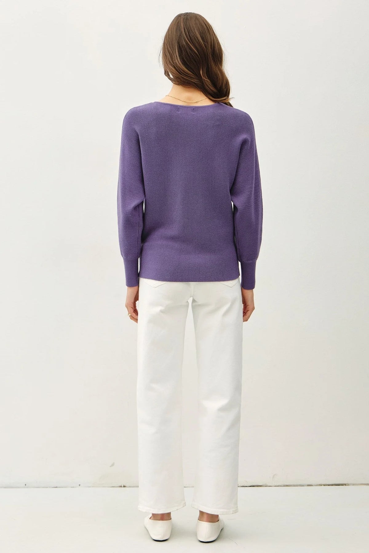 Purple knit Boat Neck Dolman Sleeve ribbed sweater with long sleeves and textured design