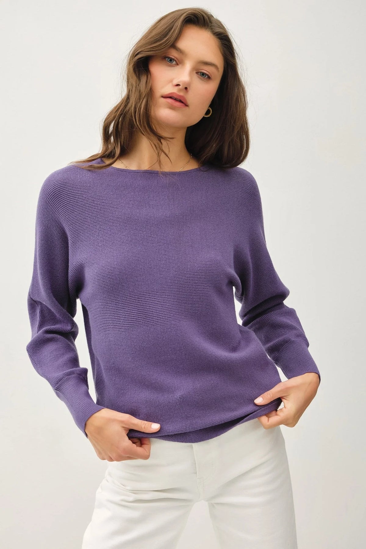 Purple Boat Neck Dolman Sleeve Ribbed Sweater with elegant long sleeves