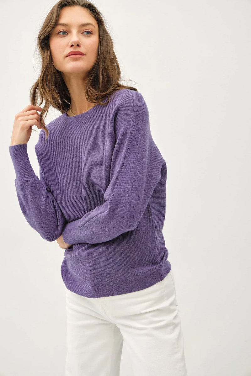 Purple oversized boat neck dolman sleeve ribbed sweater worn by a woman