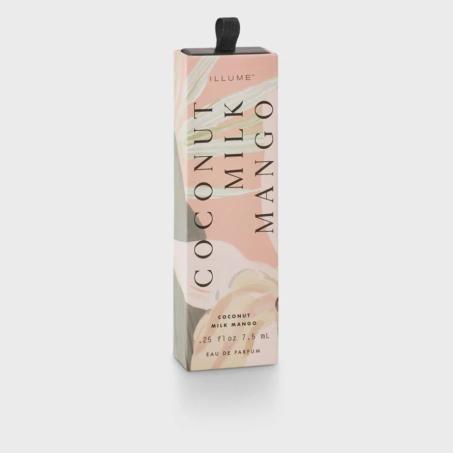 Rectangular Coconut Milk Mango Petite Perfume Spray box with black fabric pull tab