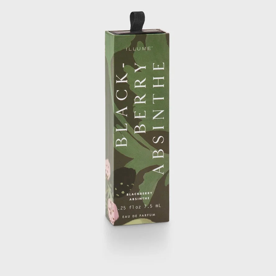 Blackberry Absinthe Petite perfume spray box with camouflage pattern and floral accents