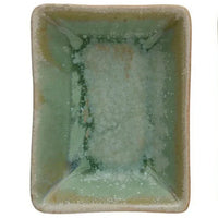 Rectangular stoneware dish featuring opal reactive glaze with crystalline formations