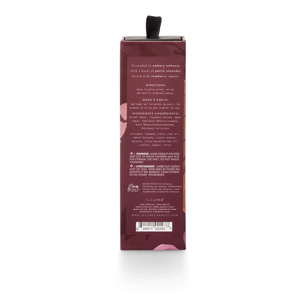 Dark red diffuser box with black ribbon for Oleander Oak Petite perfume spray