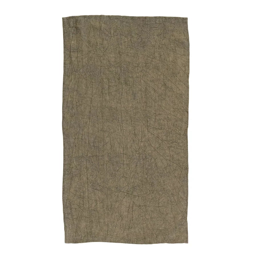 Textured grayish-brown oversized stonewashed linen tea towel with uneven surface pattern