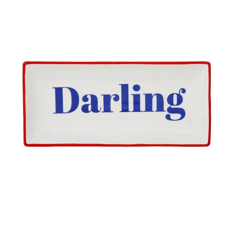 Rectangular white tray with red trim for Darling Stoneware Plate presentation
