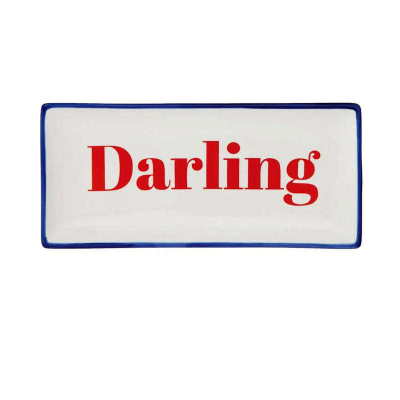 Rectangular white Darling Stoneware Plate with blue trim and Darling in red text