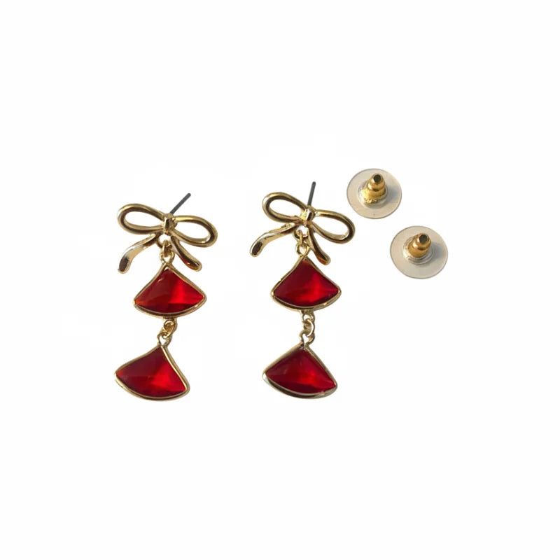 Ruby Bow Drop Earrings with red bows, gold accents, glass cabochons