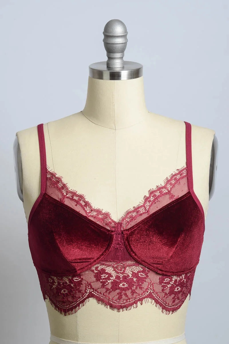 Red lace detailing on the VELVET AND LACE BOHO HALF CAMI for stylish lingerie options