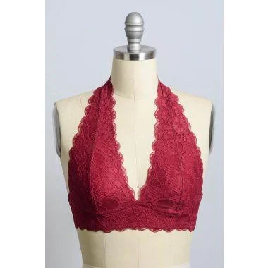 Red lined lace halter top bralette featuring elegant lace trim for stylish comfort