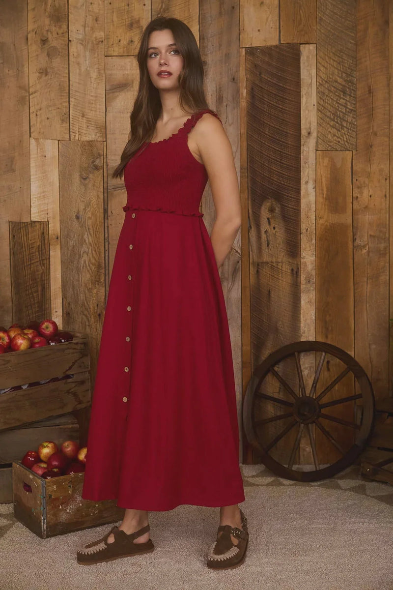 Red button-front midi dress showcasing women’s boho chic clothing from Shop Daisy
