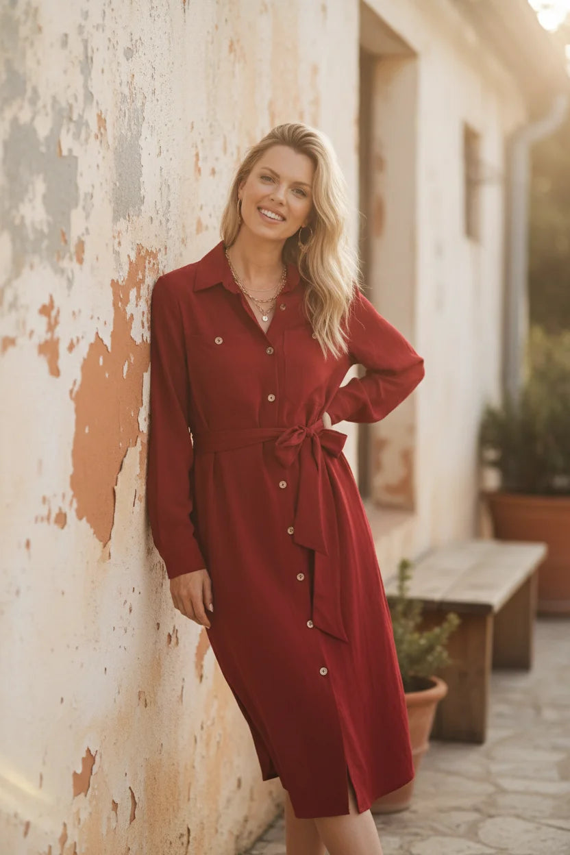 Solid Button Down Belted Long Red Dress