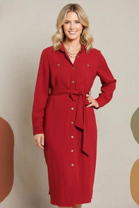 Solid button down belted long red dress with tie waist