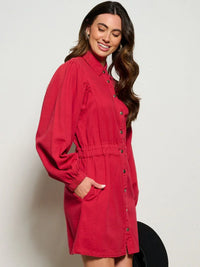 Red button-up denim mini dress featuring a cinched waist and puffed sleeves