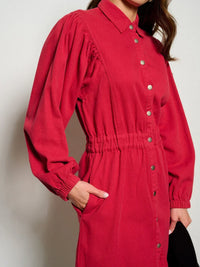 Red denim mini dress with puffed sleeves and a cinched waist for stylish versatility