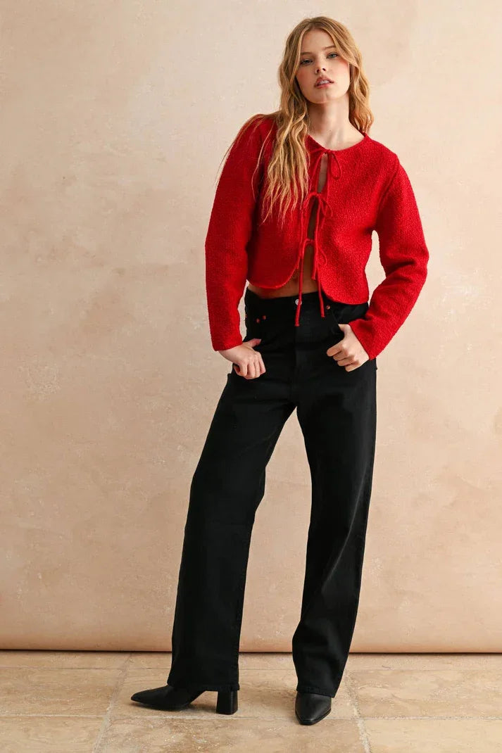 Red Anthropologie long sleeve cardigan in cropped wool with black trim
