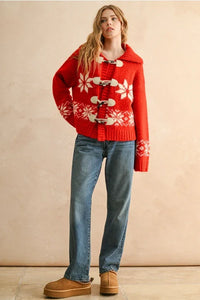 Red snow flake pattern sweater jacket with floral duffle toggles