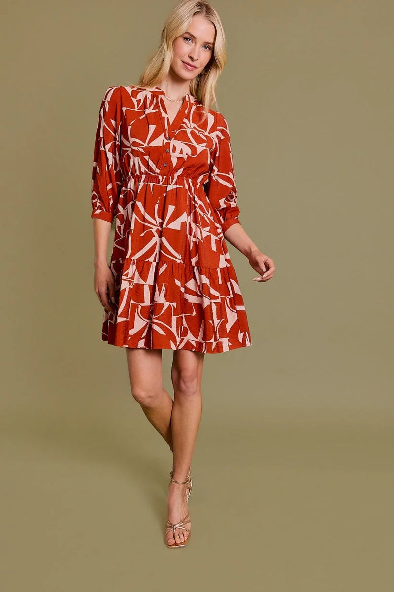 Red floral print dress with three-quarter sleeves and mandarin slit neck abstract design