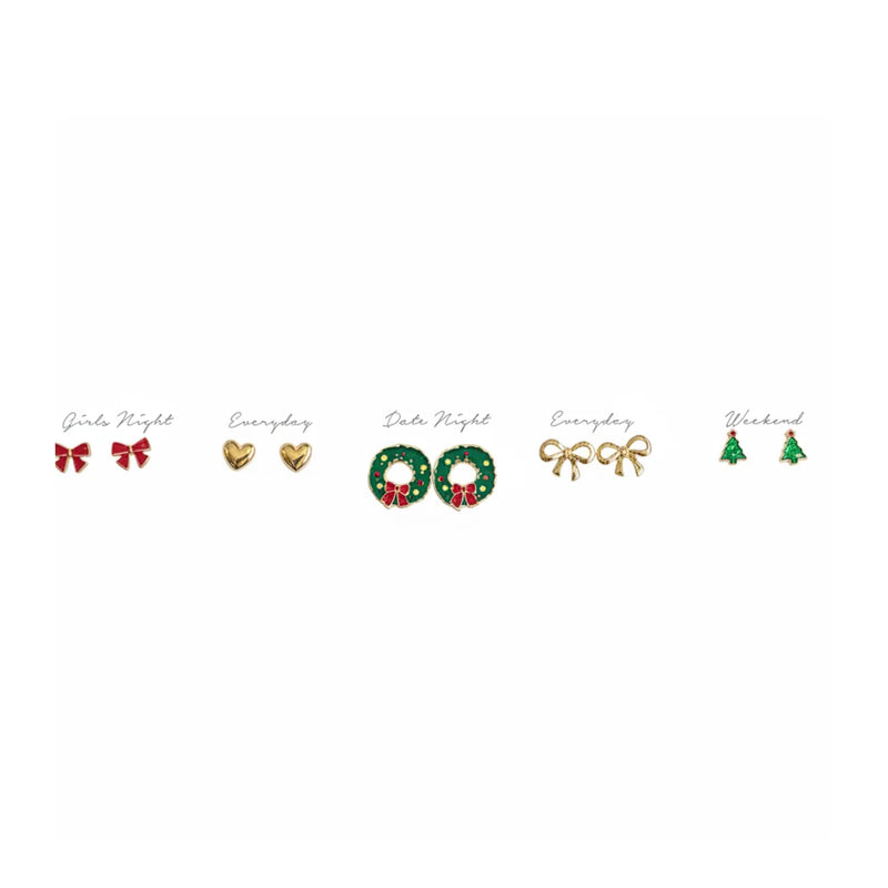 Wanderlust Dainty Earring Set: Red and green Christmas tree with gold bows