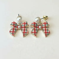 Red and green plaid pearl drop Christmas earrings with gold hardware