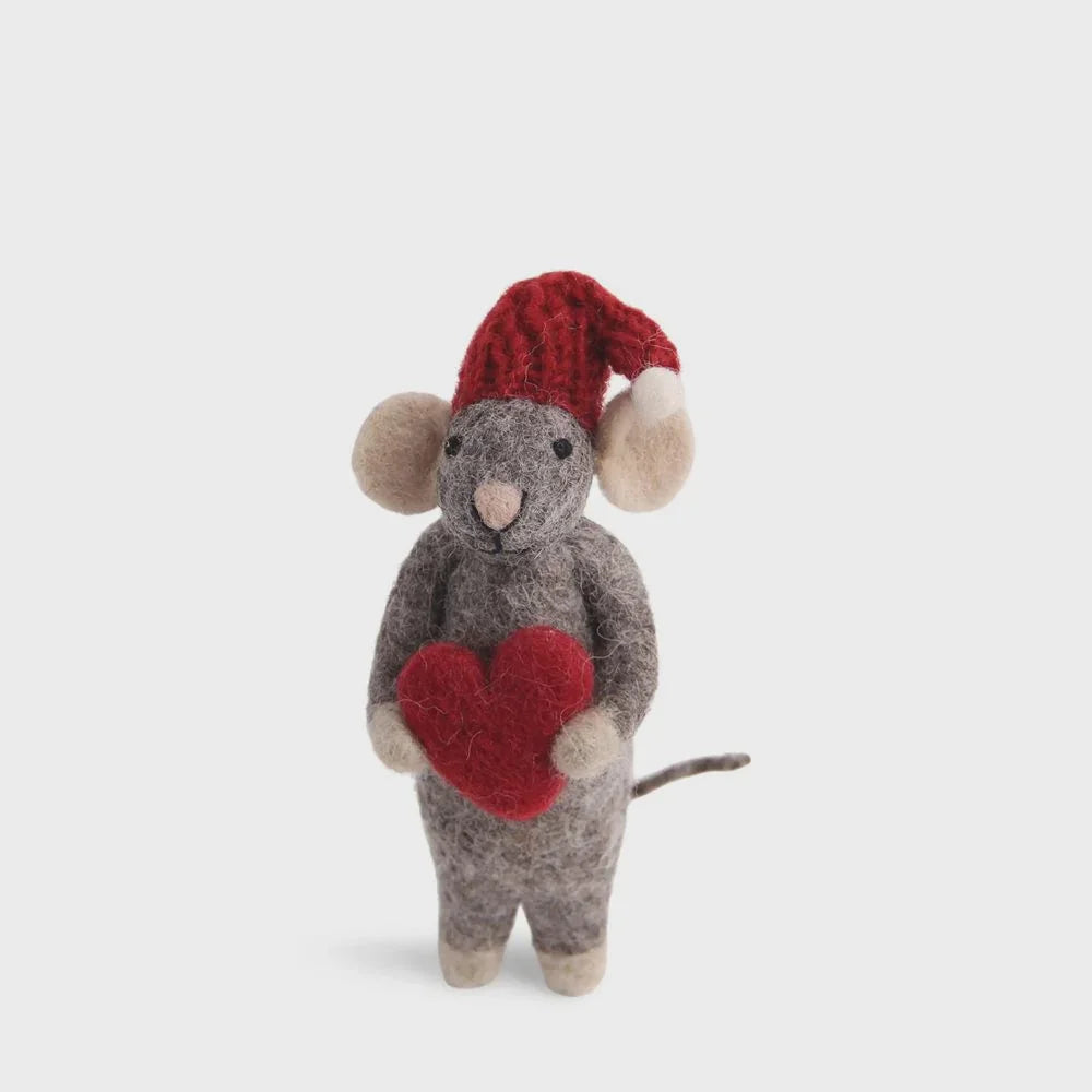 Red plush handmade mouse ornament holding a heart with Santa hat and gray fur