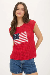 Red crochet knit sweater top with American flag patch, perfect for patriotic fashion