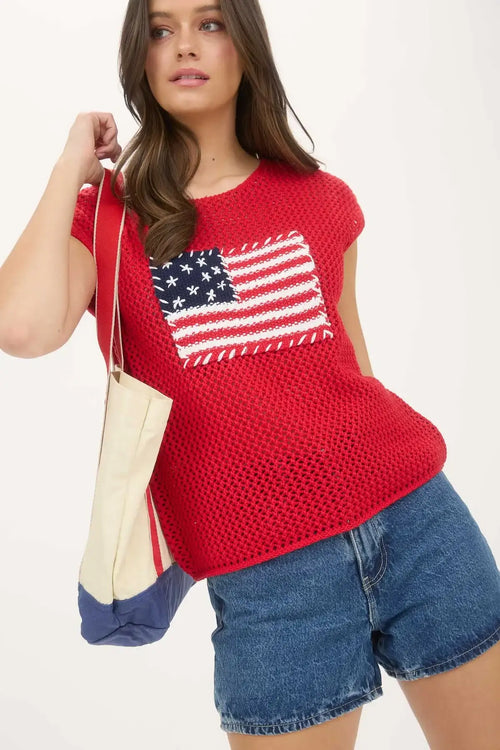 Red crochet knit sweater top with American flag patch, stylish American flag crochet knit fashion
