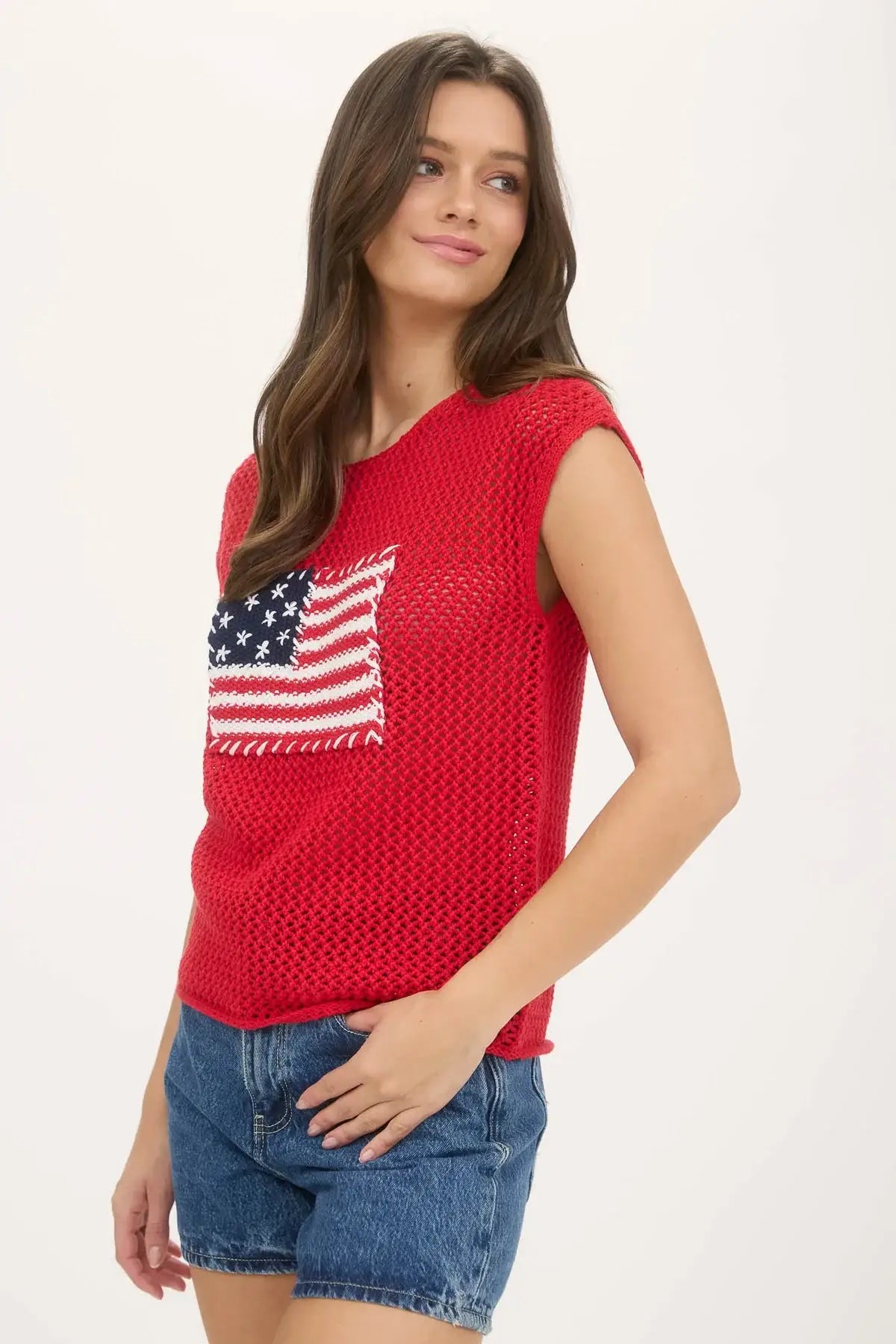 Red crochet knit sweater with American flag design from the AMERICAN FLAG CROCHET KNIT SWEATER TOP collection