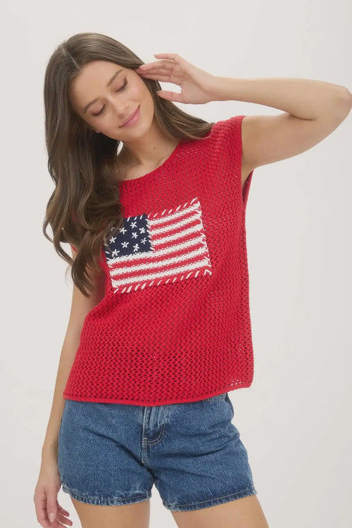 Red crochet knit sweater with American flag design from the AMERICAN FLAG CROCHET KNIT SWEATER TOP collection