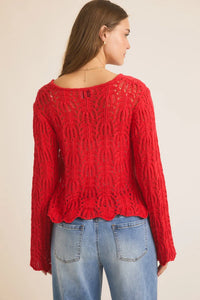 Red open knit sweater with scalloped lace and bell sleeves from Shop Daisy