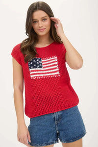Red crochet knit sweater with American flag patch from AMERICAN FLAG CROCHET KNIT SWEATER TOP