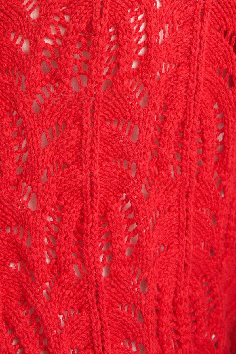 Red knitted lace fabric featuring delicate openwork in Front Tie Bell Sleeve Open Knit Cardigan