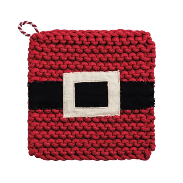 Red Christmas Potholder with Santa Claus Knit Design