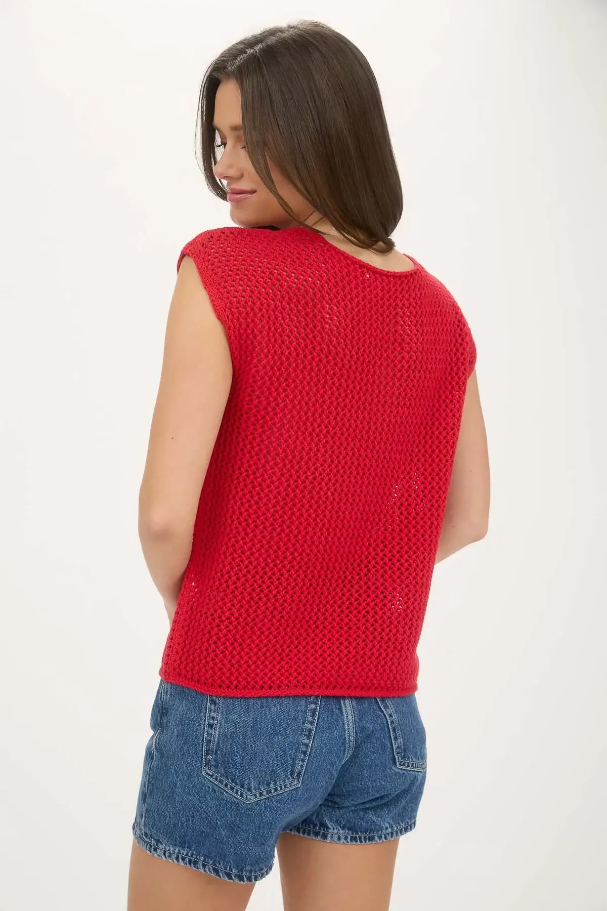 Red knitted sleeveless top featuring American flag design in crochet knit sweater style