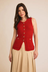 Red knitted sleeveless button-front sweater vest with decorative pockets from Shop Daisy