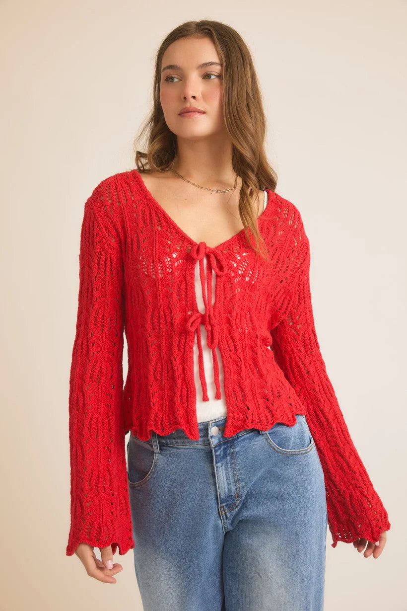 Red lace open knit cardigan with tie closures and bell sleeves from Shop Daisy