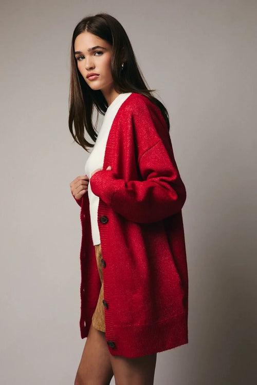 Red long sleeve oversize cardigan with buttons and pockets