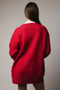 Red long sleeve oversize cardigan with white collar and cuffs
