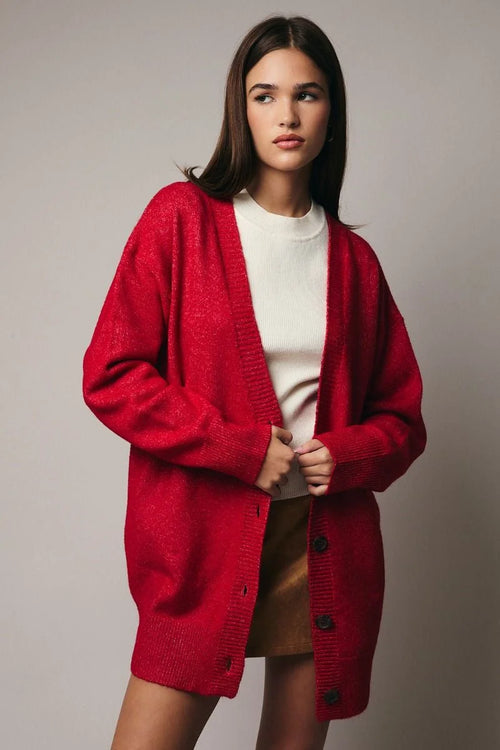 Red long sleeve oversize cardigan with buttons and pockets