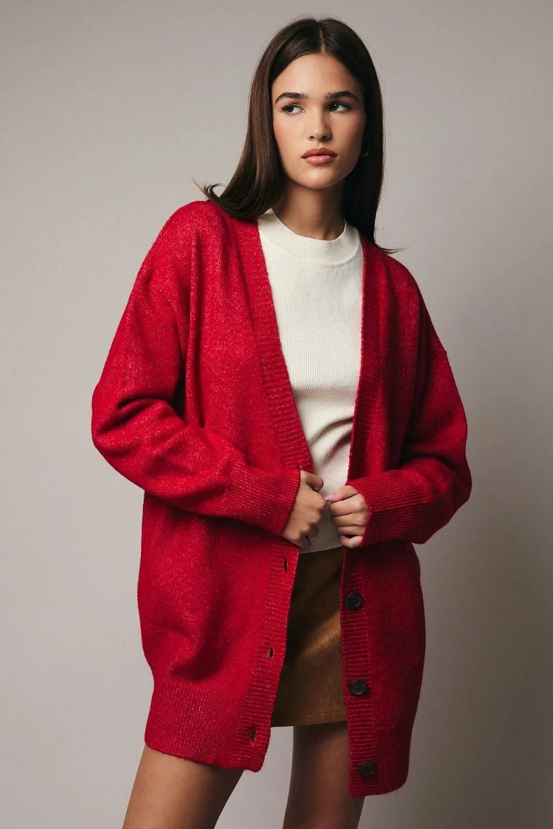 Red long sleeve oversize cardigan with buttons and pockets