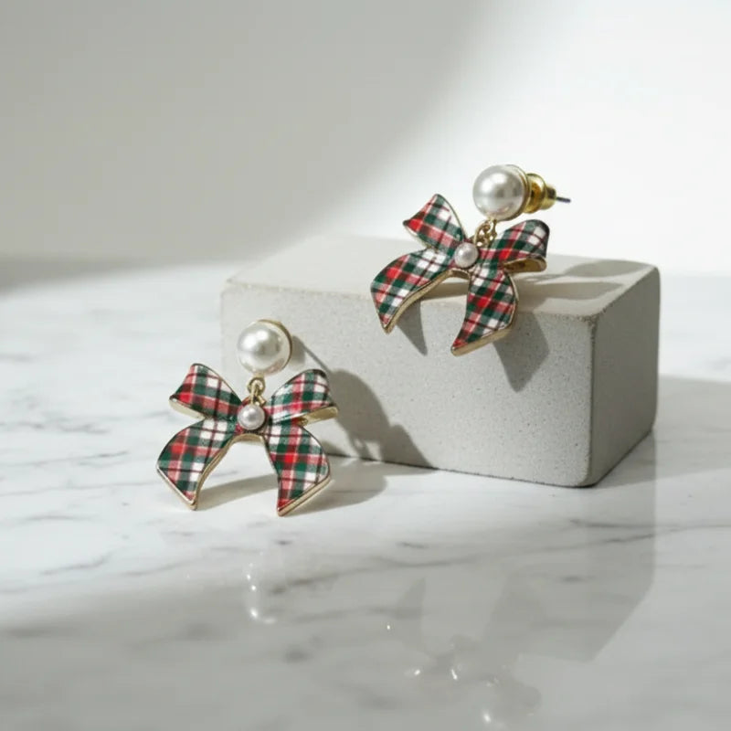 Christmas Plaid Bow Earrings with Red Plaid, Pearl Accents, Gold Hardware