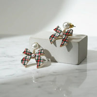 Christmas Plaid Bow Earrings with Red Plaid, Pearl Accents, Gold Hardware