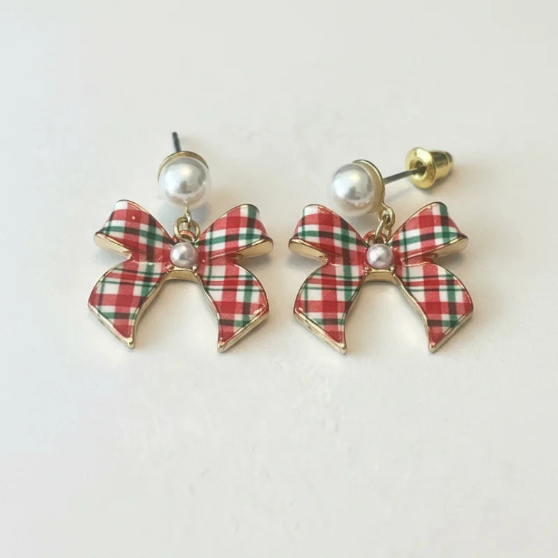 Red plaid pearl drop Christmas earrings with silver posts