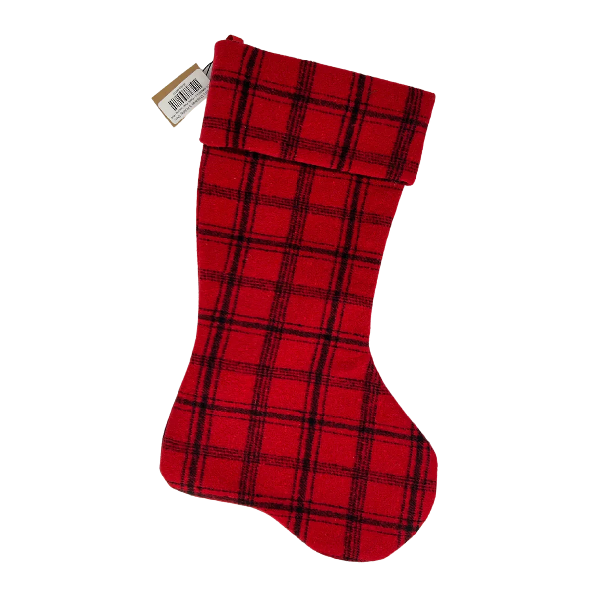 Red plaid Christmas stocking with folded cuff, ideal for women’s boho chic decor