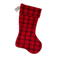 Red plaid Christmas stocking with folded cuff, ideal for women’s boho chic decor