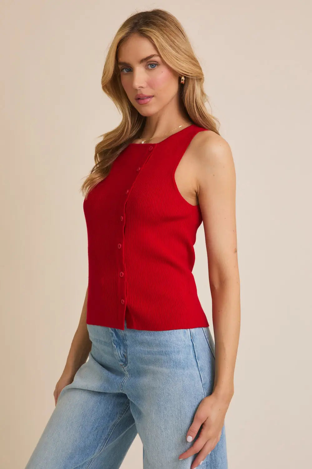 Red ribbed knit tank top with boat neck sleeveless design from Daisy Lane Shop